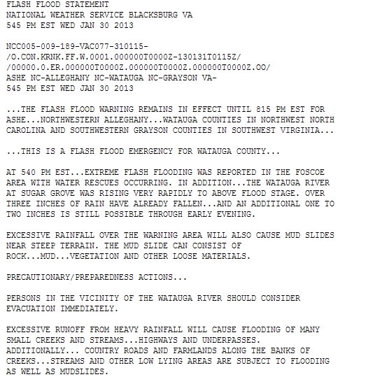 Flash Flood Emergency Jan 30, 2013