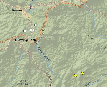 earthquakes Jan 1 2011 - Dec 16 2014 Watauga_Caldwell terrain zoom1