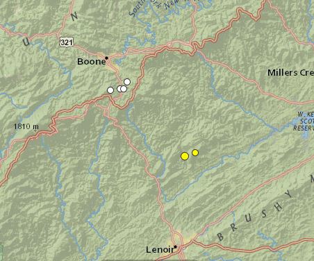 earthquakes Jan 1 2011 - Dec 16 2014 Watauga_Caldwell terrain