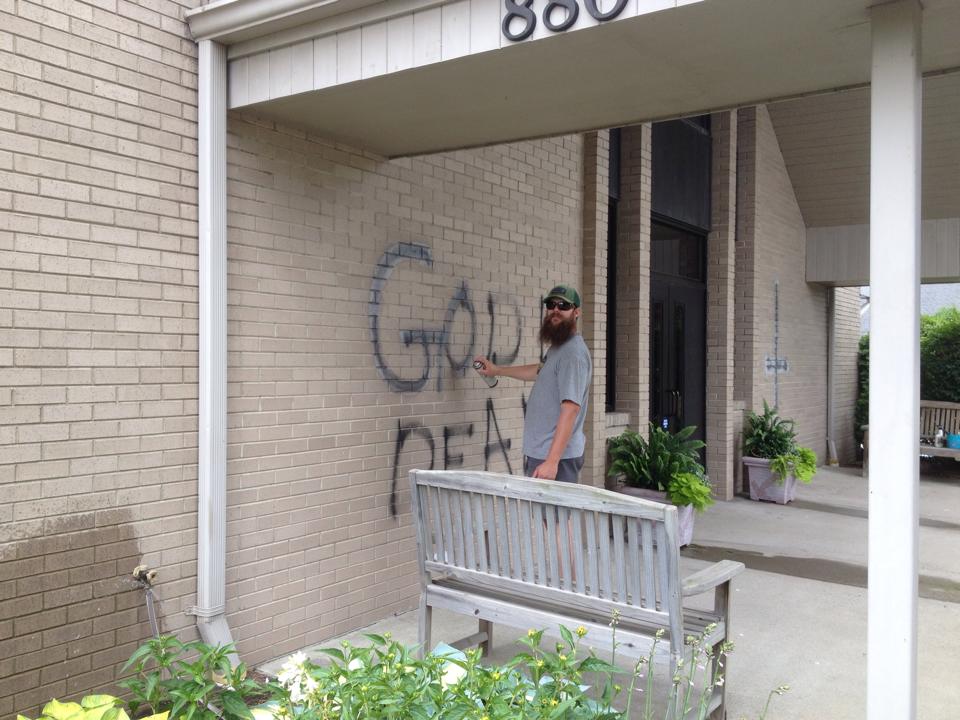 graffiti Greenway Baptist Church June 20 deacon cleaning up
